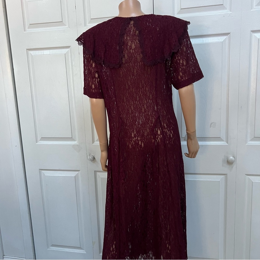 VTG Burgundy Lace Button-Down Long Dress Size L Short Sleeve - Picture 6 of 16